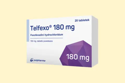 Opakowanie leku Telfexo 180 mg, zawierające 20 tabletek powlekanych z chlorowodorkiem fexofenadyny.
