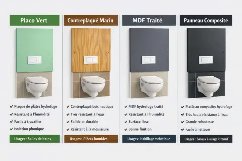 Comparaison de 4 revêtements pour un pose wc suspendu : vert, bois, gris et composite.