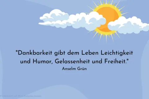 Sonnenschein und Wolken über einem Spruch über Dankbarkeit: "Dankbarkeit gibt dem Leben Leichtigkeit und Humor, Gelassenheit und Freiheit.