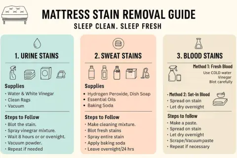 Mattress stain removal guide: what to clean mattress with for urine, sweat, and blood stains. Includes supplies like vinegar, hydrogen peroxide, and baking soda.