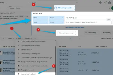 Strzałki wskazujące na opcje filtrowania produktów, zaawansowane filtrowanie i menu operacji w interfejsie aplikacji.