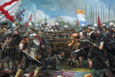 Pintura de una batalla con soldados armados con espadas y picas, ondeando banderas.