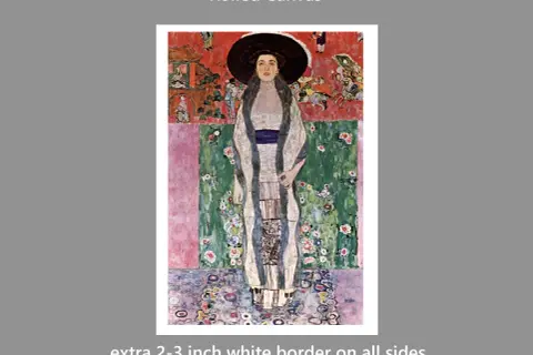 Portrait of Adele Bloch-Bauer II by Gustav Klimt, a woman in a wide-brimmed hat and ornate dress stands against a vibrant, patterned background.