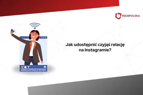 Ilustracja pokazuje, jak udostępnić czyjąś relację na Instagramie. Kobieta robi selfie, a obok widnieje pytanie.