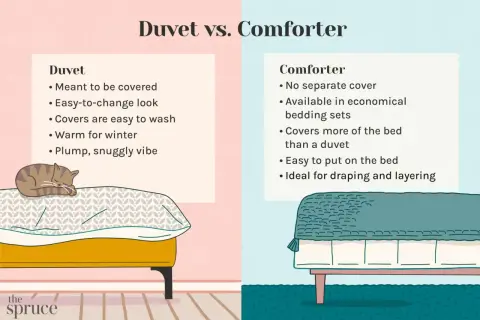 Illustration comparing a duvet and comforter. A cat naps on a bed with a duvet, while another bed features a comforter.
