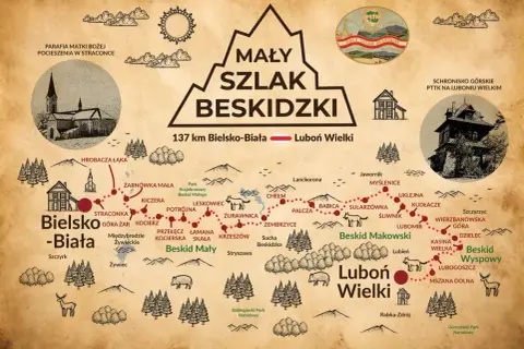 Mapa turystyczna Małego Szlaku Beskidzkiego, prowadzącego z Bielska-Białej na Luboń Wielki.