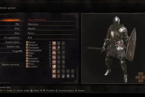 Postać w zbroi rycerza w Dark Souls 3. Ekran tworzenia postaci, gdzie można wybrać przymierza i statystyki.