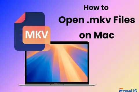 Learn how to open MKV files on Mac with this guide. An MKV file icon hovers over a MacBook Air displaying a colorful wallpaper.