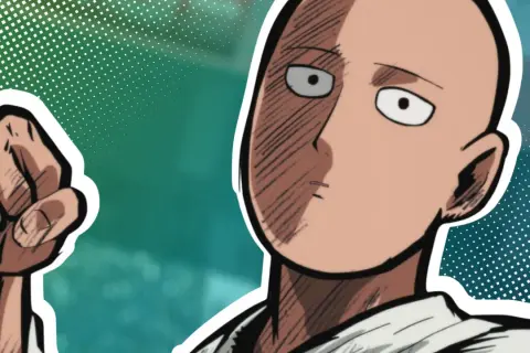 Saitama, der Held mit einem Schlag, bereit für den **one punch man stream**. Sein Blick ist leer, aber seine Faust geballt.