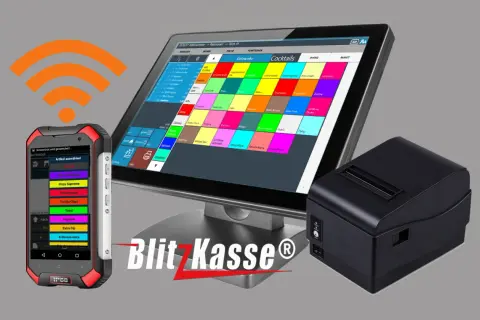 Gastronomie-Kassensystem mit Tablet, Handheld-Scanner und Bondrucker.