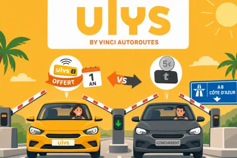 Le parrainage Ulys offre 1 an de badge gratuit, comparé à un concurrent payant. Deux voitures passent un péage.