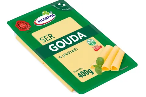 Opakowanie sera Gouda w plastrach z listkami bazylii i napisem "Mlekpol".