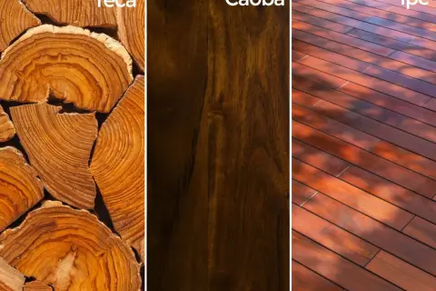 Teca, caoba e ipe: maderas blandas y duras con texturas y tonos variados, ideales para proyectos de construcción y decoración.