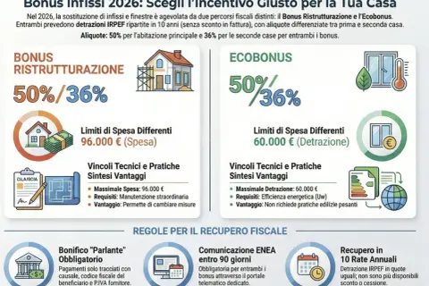 Bonus Infissi 2026: confronto tra Bonus Ristrutturazione ed Ecobonus, con detrazioni IRPEF e aliquote per ottenere uno sgravio fiscale.