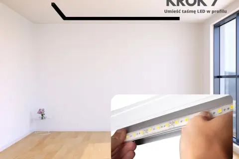 Krok 7: Umieść taśmę LED w profilu. Czy taśmę LED można przykleić do ściany? Tak, w profilu, który montujesz na ścianie lub suficie.