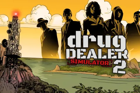 Silhouetten von Gangstern vor einem Turm und einer Insel. Der Titel "Drug Dealer Simulator 2" ist prominent platziert.