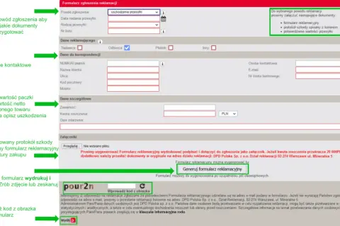 Formularz zgłoszenia reklamacji z polami do wypełnienia i instrukcjami.