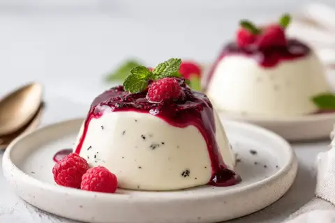 Krämig panna cotta med hallonsås och färska hallon. En perfekt dessert för alla tillfällen.