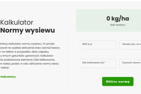 Kalkulator normy wysiewu zbóż kg/ha. Narzędzie do obliczania ilości nasion na hektar, uwzględniające MTZ, obsadę i siłę kiełkowania.