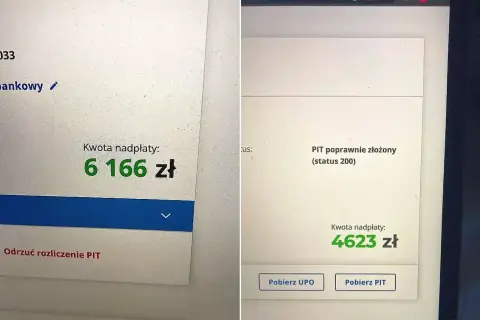 Jak sprawdzić zwrot z PIT? Na ekranie widać kwotę nadpłaty 6166 zł, a obok status "PIT poprawnie złożony" z kwotą 4623 zł.