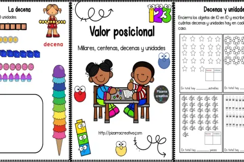 Páginas educativas sobre valor posicional, con ejemplos de fichas de decenas y unidades, dibujos de objetos y ejercicios para contar.