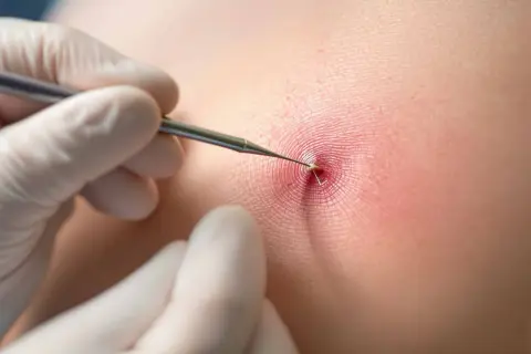 Gros plan sur une peau irritée où un fil résorbable semble causer une réaction, possiblement une allergie. Un instrument médical est utilisé.
