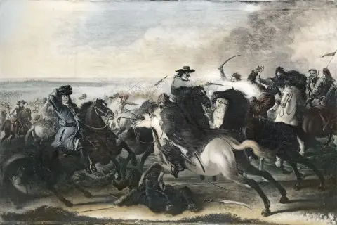 Karl XII leder sina ryttare i strid. Hästar och soldater kämpar i en kaotisk scen.