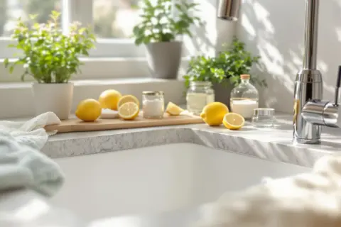 Cytryny i soda oczyszczona na blacie kuchennym – naturalne sposoby co zamiast kreta do rur.