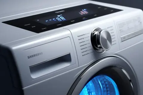 Nowa pralka Samsung z błędem 5c. Widok panelu sterowania i bębna z niebieskim podświetleniem.