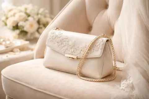 Pochette mariage champêtre en satin ivoire, ornée de dentelle florale et d'une chaîne dorée, posée sur un fauteuil crème.