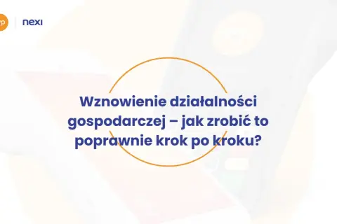 Wznowienie działalności gospodarczej krok po kroku. Grafika przedstawia terminal płatniczy i logo Nexi.