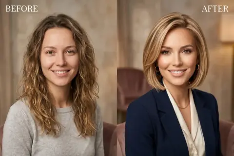 Przed i po: metamorfoza z długich fal do eleganckiego long bob. Ta fryzura pasuje każdej kobiecie, dodając klasy i pewności siebie.