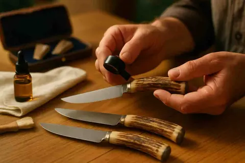 Man limpia un cuchillo con mango de asta de ciervo. Otros dos cuchillos similares yacen sobre la mesa, junto a un frasco de aceite y un cepillo.