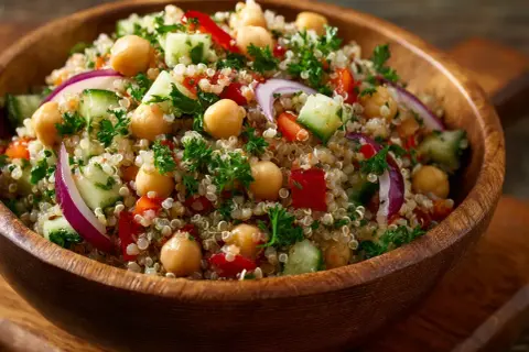 En härlig quinoa sallad med kikärtor, gurka, paprika och rödlök i en träskål.