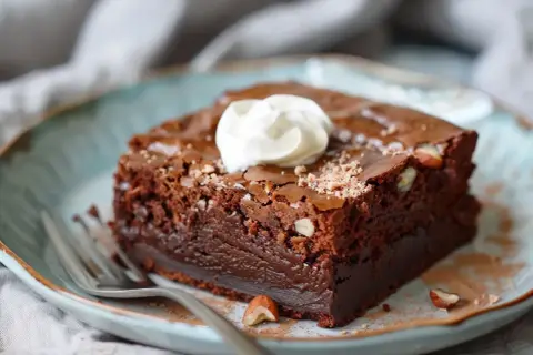 En saftig brownie med hasselnötter, toppad med vispad grädde. Perfekt för ett gott fudge brownie recept.