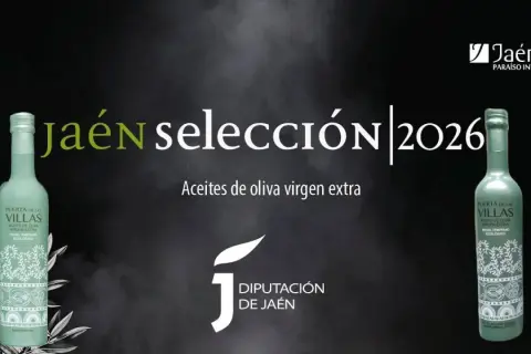 Butelka oliwy z oliwek extra virgin na ciemnym tle z napisem "Jaén Selección 2026".