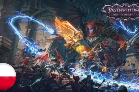 Bitwa bohaterów z demonami w grze Pathfinder: Wrath of the Righteous. Polska flaga w rogu.