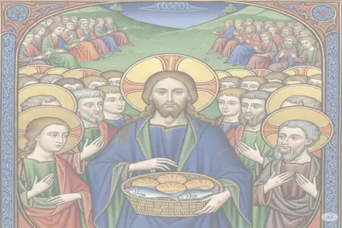 Jésus bénit le pain et les poissons, entouré de ses disciples. Une scène rappelant la multiplication des pains, peut-être liée à la date de saint Matthias.