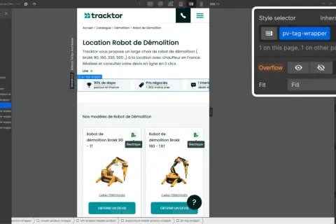 Le panneau de style montre les options pour le wrapper `pv-tag-wrapper`, avec `overflow` réglé sur "Auto" pour gérer le contenu qui dépasse.