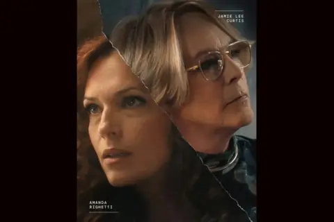 Amanda Righetti und Jamie Lee Curtis im dramatischen Split-Screen-Porträt.