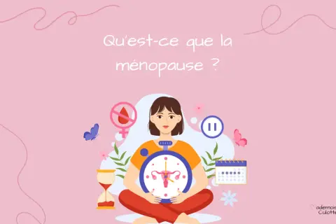 Une femme au centre, entourée de symboles de la ménopause : horloge, calendrier, sablier, et un signe d'interdiction de règles. La question "Qu'est-ce que la ménopause ?" est affichée.