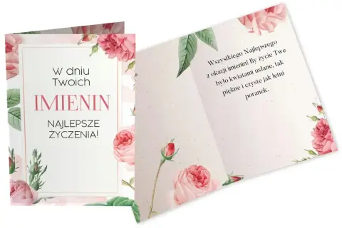 Otwarta kartka z różowymi różami i napisem "W dniu Twoich IMIENIN NAJLEPSZE ŻYCZENIA!".