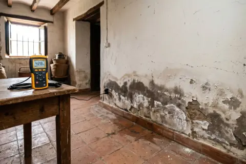 Medidor de humedad en mesa rústica, junto a pared con manchas de humedad y desconchones. Esencial para solucionar humedades.