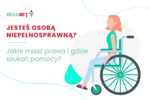 Kobieta na wózku inwalidzkim pyta: "Jesteś osobą niepełnosprawną? Jakie masz prawa i gdzie szukać pomocy?". Grafika promuje opiekę nad osobą niepełnosprawną.