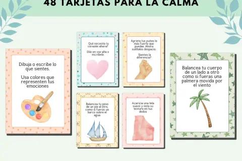 Conjunto de tarjetas de emociones para la calma, con ilustraciones de una paleta de pintor, un corazón, un puño, un velero, una tela y una palmera.