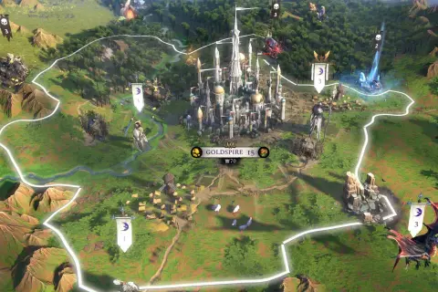 Mapa strategiczna z gry **Age of Wonders**. W centrum majestatyczny zamek Goldspire, otoczony zielonymi terenami, lasami i górami. Widać jednostki, flagi i punkty kontrolne.