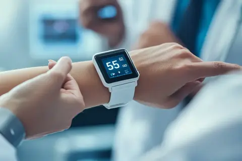 Smartwatch pokazuje 55 uderzeń na minutę, idealny tętno spoczynkowe.