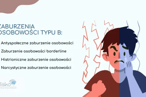 Zaburzenia osobowości typu B: antyspołeczne, borderline, histrioniczne, narcystyczne. Grafika przedstawia twarz podzieloną na dwie skrajności emocjonalne.