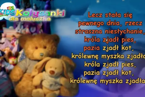 Pluszowe misie i króliczki słuchają bajki "Był sobie król tekst". Niestychanie, króla zjadł pies, pazia zjadł kot, królewnę myszka zjadła.