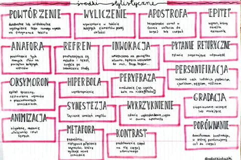 Schemat graficzny z wypisanymi środkami stylistycznymi, takimi jak powtórzenie, anafora, oksymoron, animizacja, wyliczenie, metafora, hiperbola, synestezja, kontrast.